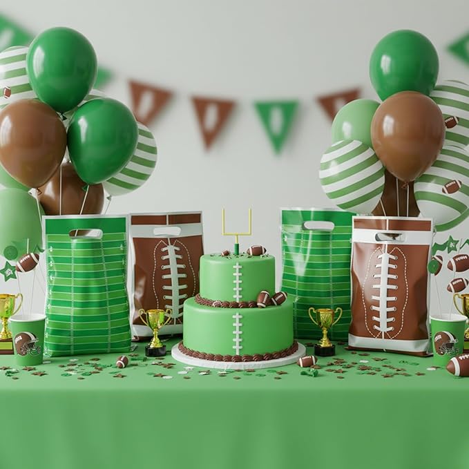 Tyqour 60 PCS Football Gift Bags Football Goodie Bags Brown Green Handle Football Party Bags Football Theme Sports Birthday Party Favors Supplies for Candy Snack Cookie Treat Gift