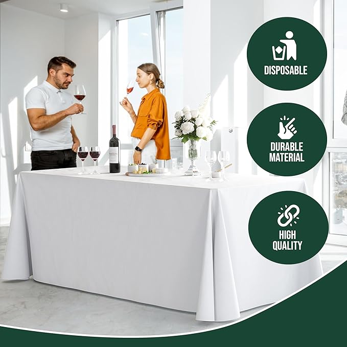 6 Pack White Plastic Table Cloth - 70 x 120 Inch Rectangle Disposable Tablecloth for Parties - Rectangle Tablecloth - Disposable Table Cloths for Parties - Great for Picnics And Formal Events