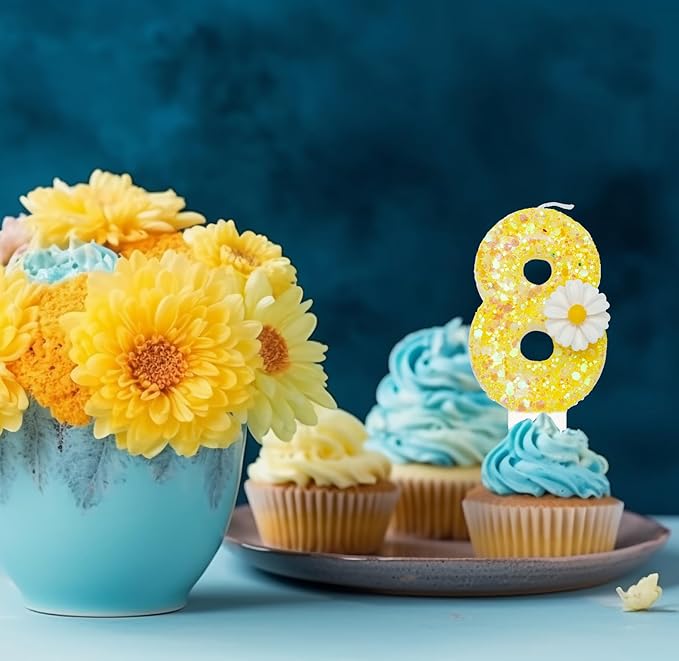 Birthday Candle 7, Yellow Flower Number 7 Candle for Cake Theme Party Supplies
