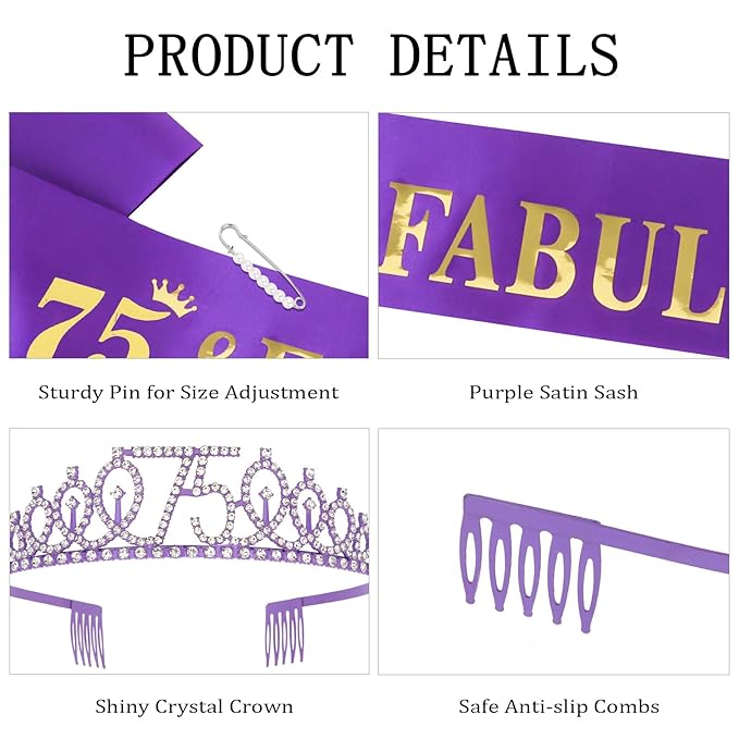 Casoty Purple 75th Birthday Sash and Tiara, 75th Birthday Decorations for Women, 75 and Fabulous Sash and Crown Set, Party Supplies Favors for Women, Gifts for Her