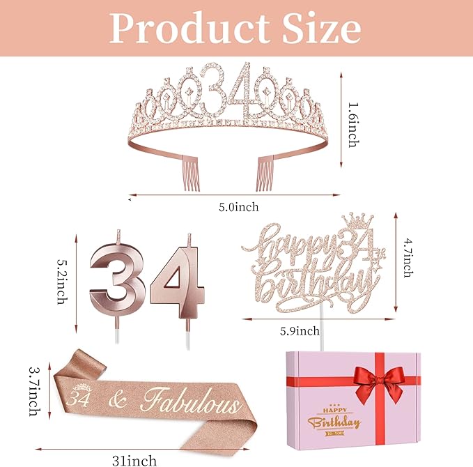 34th Birthday Decorations for Women Including Birthday Sash, Tiara/Crown, Numeral Candles and Cake Topper, 34 Year Old Gifts for Women, Rose Gold Party Decor Supplies