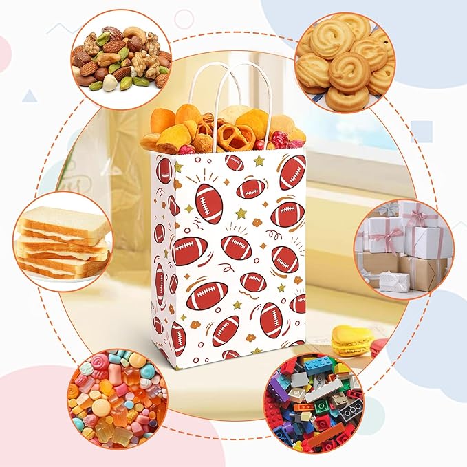 VGOODALL Paper Gift Bags, Football Goodie Bags with Handles, 5.5 x 2.8 x 8 Inches, Pack of 16 for Team Snack kids Birthday Party Favor Supplies