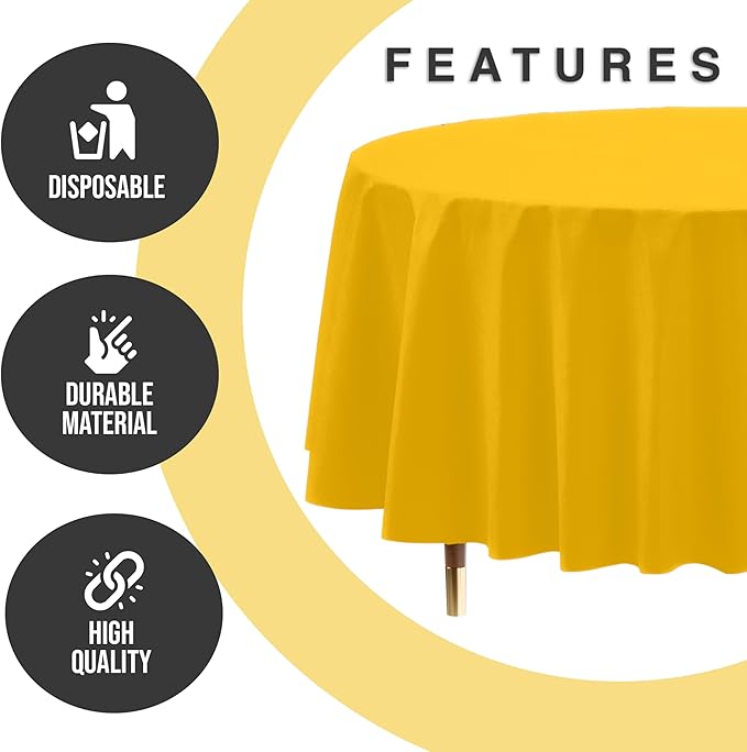 Exquisite 66% Thicker Premium Yellow Round Tablecloth 0.5 Mil 24 Pack Plastic Table Cloth Disposable 84 Inch Round Plastic Tablecloth Won't Tear Easily Like Cheap Thin Brands