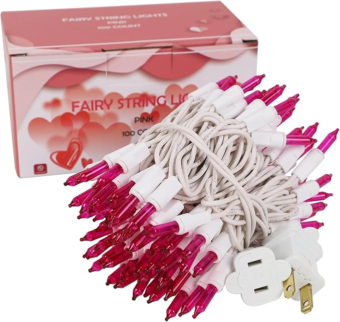 WATERGLIDE Valentine's String Lights, 100 Count 20 FT White Wire Mini Incandescent Christmas Fairy Lights, UL Certified for Patio Wreath Garland Garden Easter Holiday Outdoor Indoor Decor, Pink