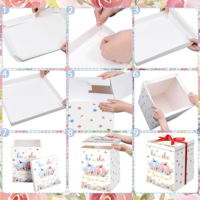 Hungdao Gender Reveal Balloon Box with Ribbon and 10 Pink and Blue Balloons Gender Reveal Games He or She Open to See for Party Decoration 12"x12"x16"(Fall Pumpkin)