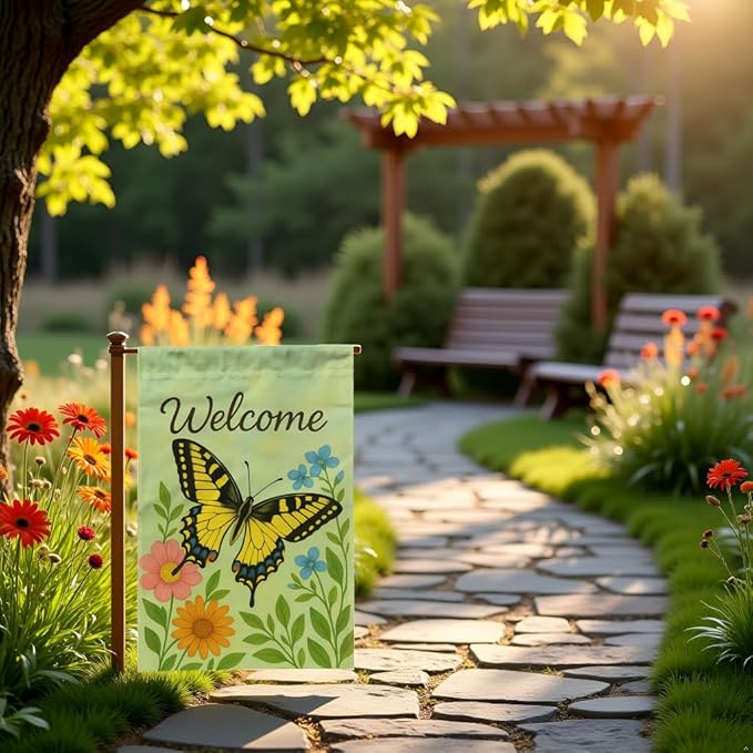 FLAGMEUP8386 Welcome Butterfly Garden Flag 12x18 Inch Double-Sided Polyester Yard Banner with Monarch and Swallowtail Floral Design, Outdoor Decoration for Butterfly Festivals, Labor Day and Fall