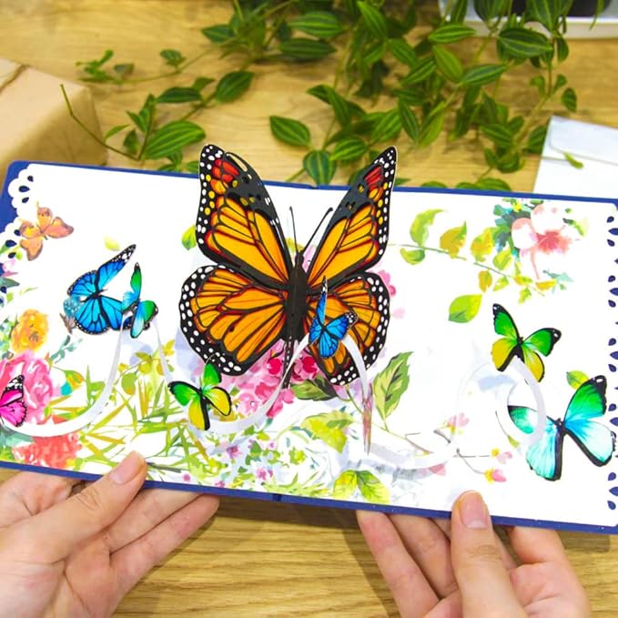 CUTE POPUP - Colorful Monarch Butterflies Design - Handmade Card on Birthday, Mother’s Day, Anniversary, Anniversary Card - Perfect Present, Table Decor 6’’x6’’