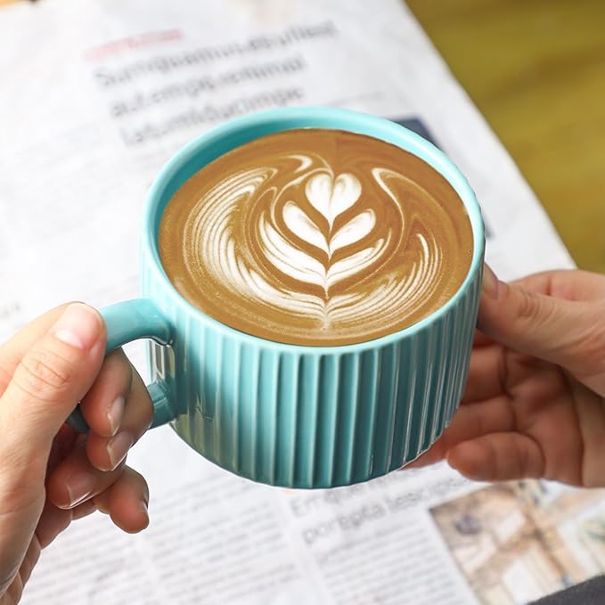 Hasense 15 oz Coffee Mug Set of 4 with Stand - Stackable Large Ceramic Ribbed Latte Cup Set for Cappuccino, Tea, Hot Cocoa, Drinks - Dishwasher & Microwave Safe, Turquoise