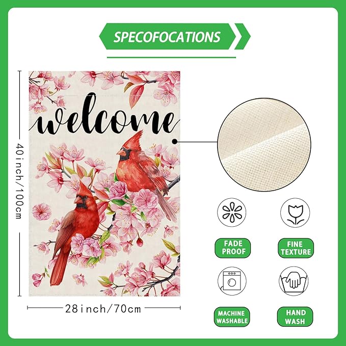 ZAEW Welcome Watercolor Cardinals Birds Cherry Blossom Flowers Spring House Flag Burlap 28X40 Inch Vertical Double Sided Outside Yard Holiday Outdoor Farmhouse Decoration