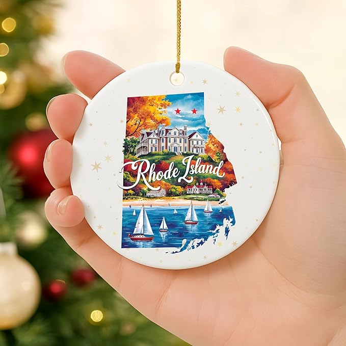 USA State Landmark Ceramic Ornament β Round Glossy Christmas Decoration Featuring U.S. State Art, Landmarks & Holiday Scenery β Collectible Travel Souvenir Ornament Series (Rhode Island)