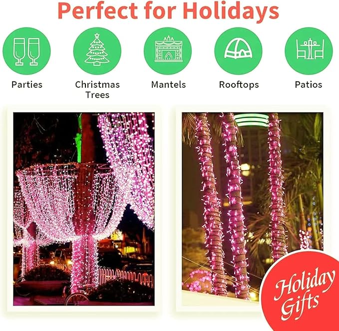 LAMPHOME 200 LED Pink Valentine Lights, 66ft 11 Modes Valentine Room Lights Clear Wire,Connectable Plug in Pink Christmas String Light Indoor Outdoor for Christmas Bedroom Valentines Party