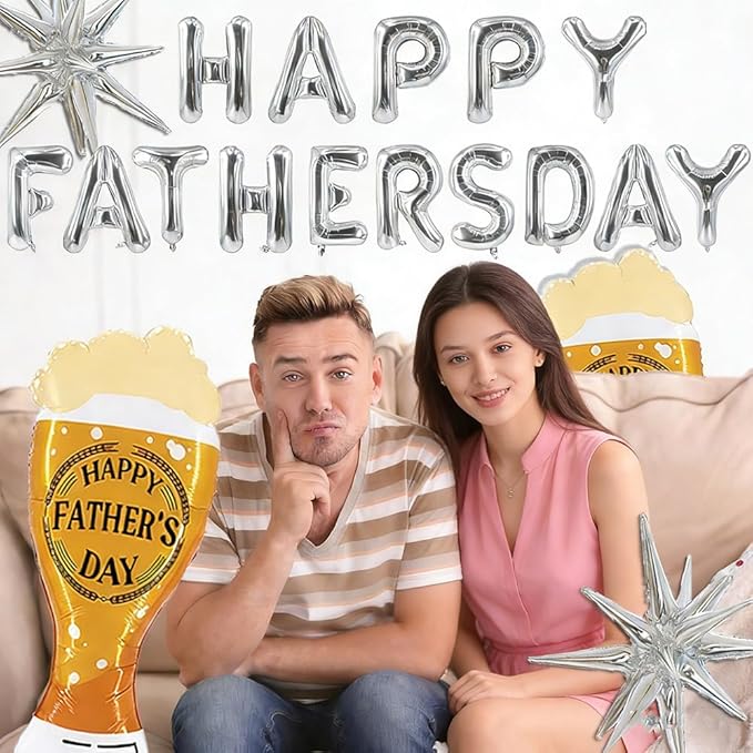 Silver Letter Balloon Happy Father's Day Balloons Banner Beer Balloons Star Balloon for Father's Day Themed Party Happy Fathers Day Party Supplies Decorations Sets-19 PCS