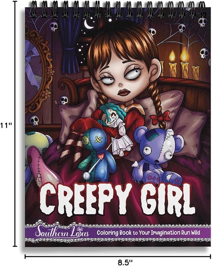 Creepy Girl Coloring Book Spiral Wirebound Hardcover Horror Illustrations of Adorable Girls Spooky Themed Large Print Papers Imagination Relaxation Activity for Adults Women Teens