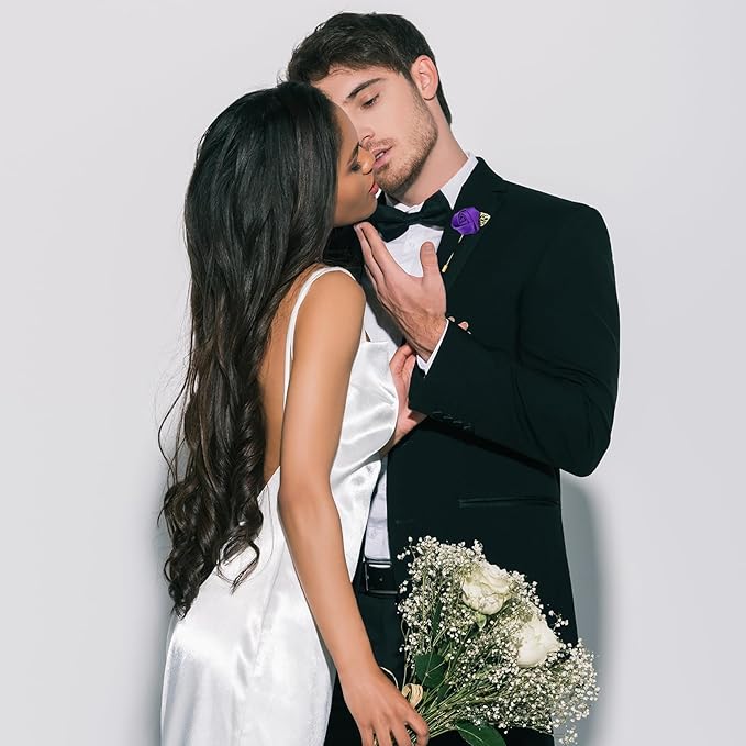 Zeyune 24 Pcs Boutonniere Rose Boutonniere Wedding Buttonholes Pocket for Men Wedding for Prom Party (Purple)