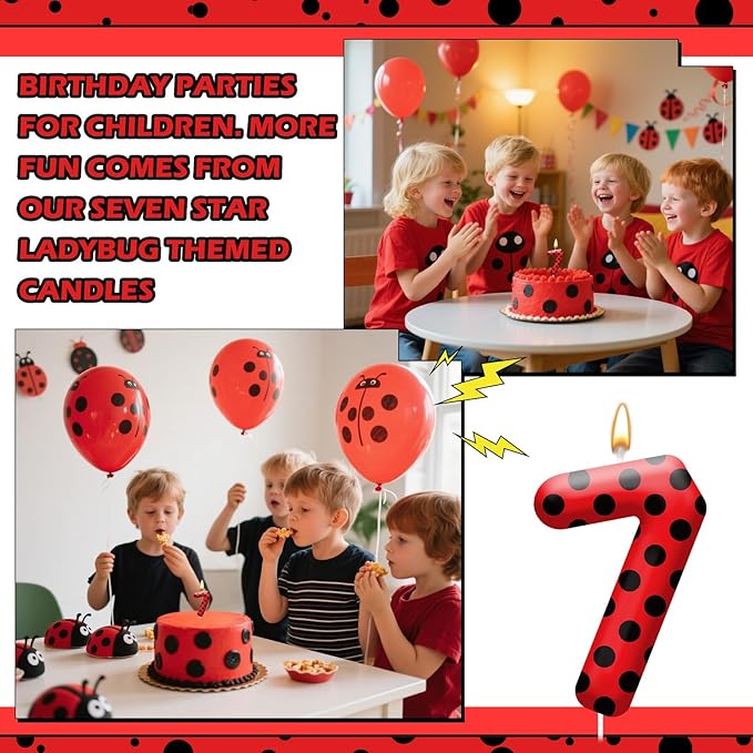 Ladybug Theme Birthday Candles - Red & Black Polka Dot Decorative Candles for Kids Ladybug Themed Parties, Baby Showers, Birthday Cakes, and Ladybird Inspired Celebrations(Number 7)