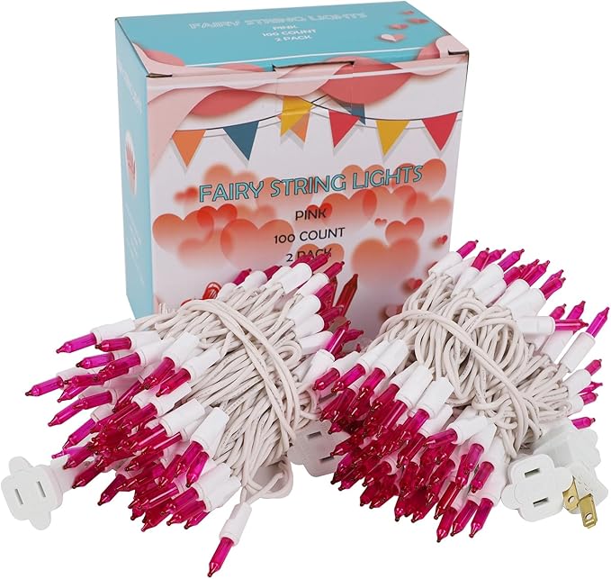 WATERGLIDE 2 Pack Valentine's String Lights, 100 Count 20 FT White Wire Mini Incandescent Christmas Fairy Light, UL Certified for Patio Garland Garden Easter Holiday Outdoor Indoor Decor, Pink
