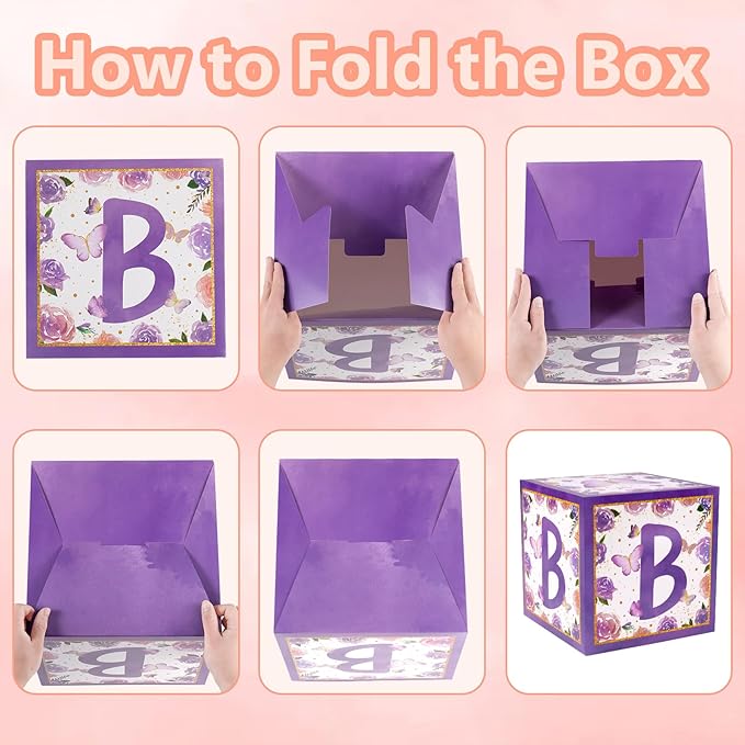 Baby Boxes with Letters and Butterfly Balloons for Gender Reveal Decoration (Purple)
