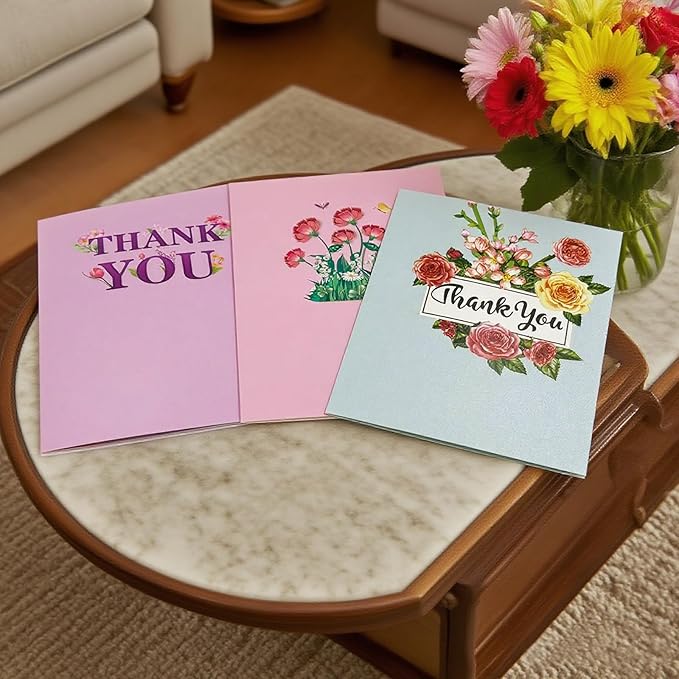 3-Pack Floral 3D Pop Up Thank You Cards for Women Mom Dad Men, Greeting Cards for Nurses Teachers - Flower Bouquets