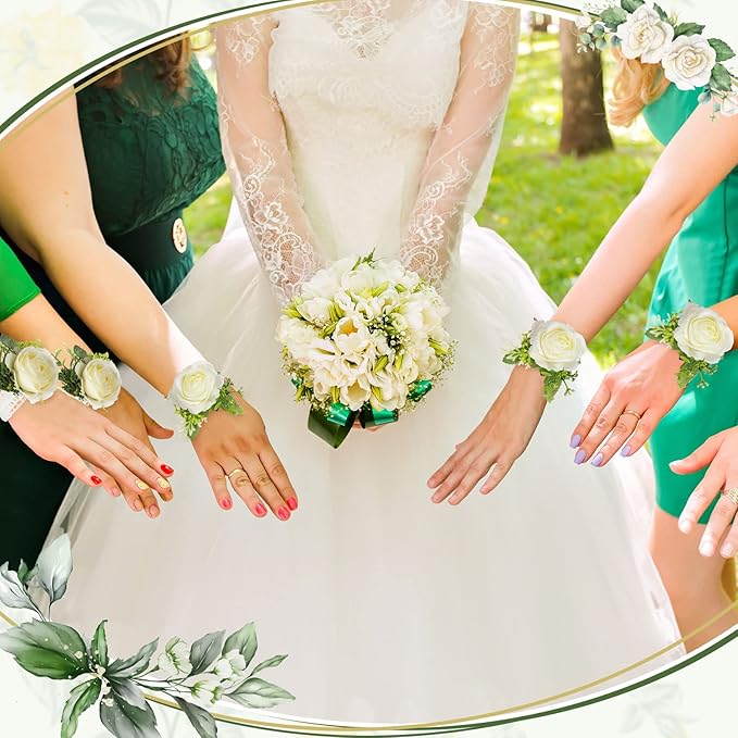 Sherr Wedding Rose Wrist Corsage Wristlet Band for Bridal Bridesmaid Women Flowers Bracelets Decor Wedding Artificial Flowers for Party Prom Homecoming(White,24 Pcs)