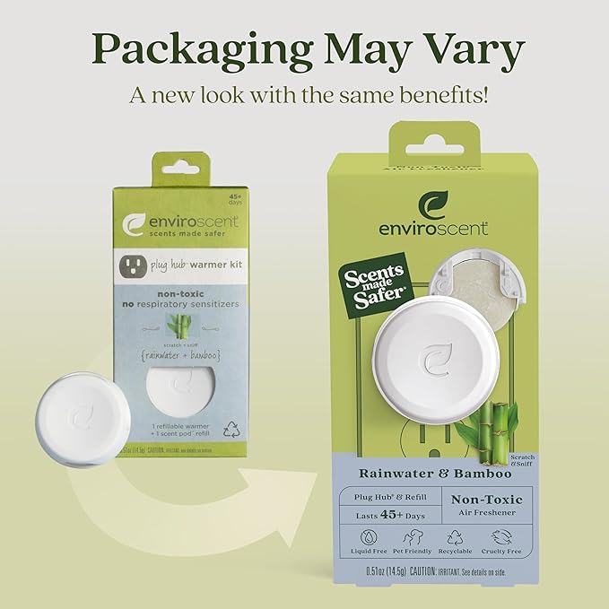 Enviroscent Non Toxic Air Freshener Plug-in Home Fragrance Last 45+ Days | Kit includes 1 Refillable Plug In Warmer & 1 Scent Refill (Rainwater & Bamboo)