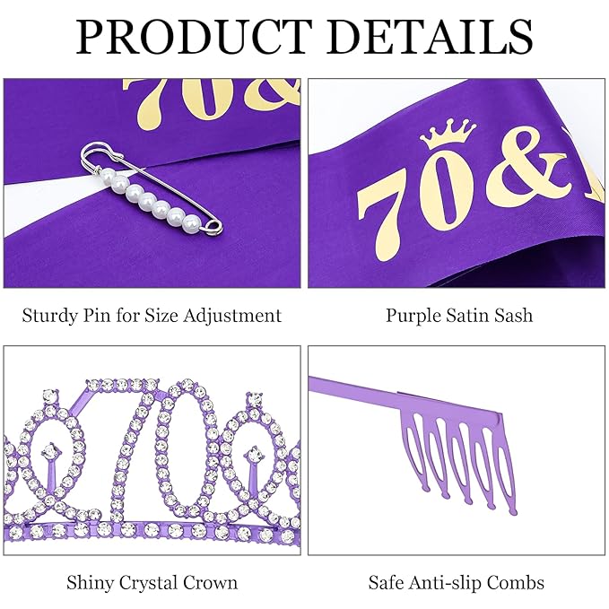 Casoty Purple 70th Birthday Sash and Tiara, 70th Birthday Decorations for Women, 70 & Fabulous Sash and Crown Set, Birthday Party Supplies for Women, Gifts for Her