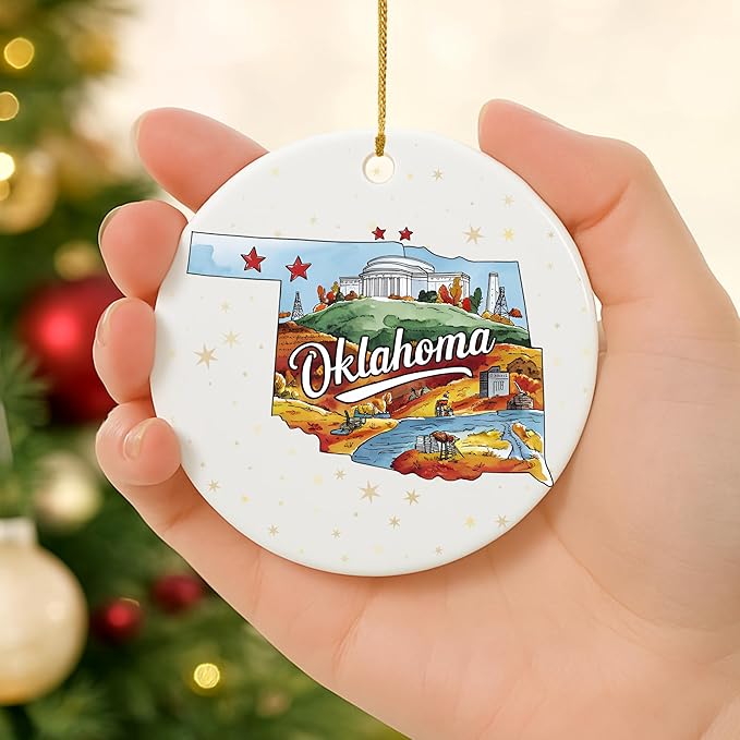 USA State Landmark Ceramic Ornament β Round Glossy Christmas Decoration Featuring U.S. State Art, Landmarks & Holiday Scenery β Collectible Travel Souvenir Ornament Series (Oklahoma)