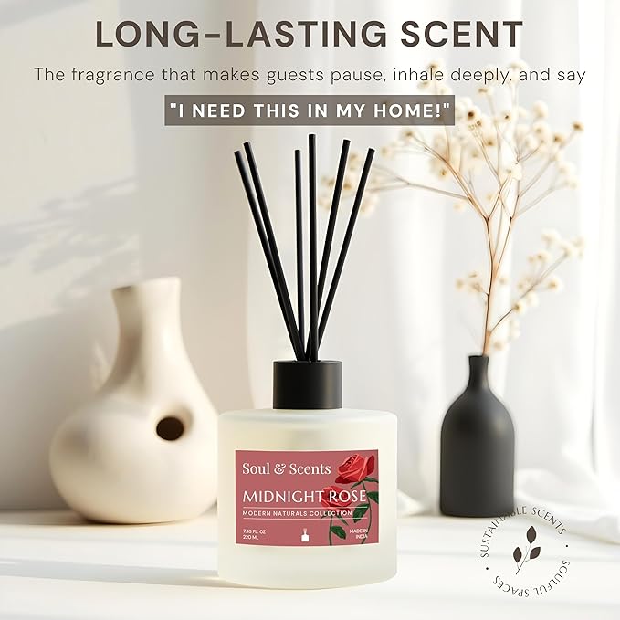 Soul & Scents Reed Diffuser Set – Midnight Rose | 7.43 oz Refillable Scented Oil with 6 Fiber Sticks | Long-Lasting Home Fragrance & Air Freshener for Bedroom, Bathroom, Office | Gift & Décor Piece
