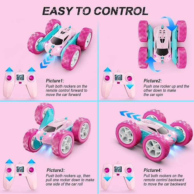 RC Cars, Pink Remote Control Car for Girls, 2.4 GHZ Double Sided RC Stunt Car 360° Rotating Remote Control Crawler with Headlights Car Toys for 6 7 8 9 10 11 12 Girls Birthday Gift Grandkids