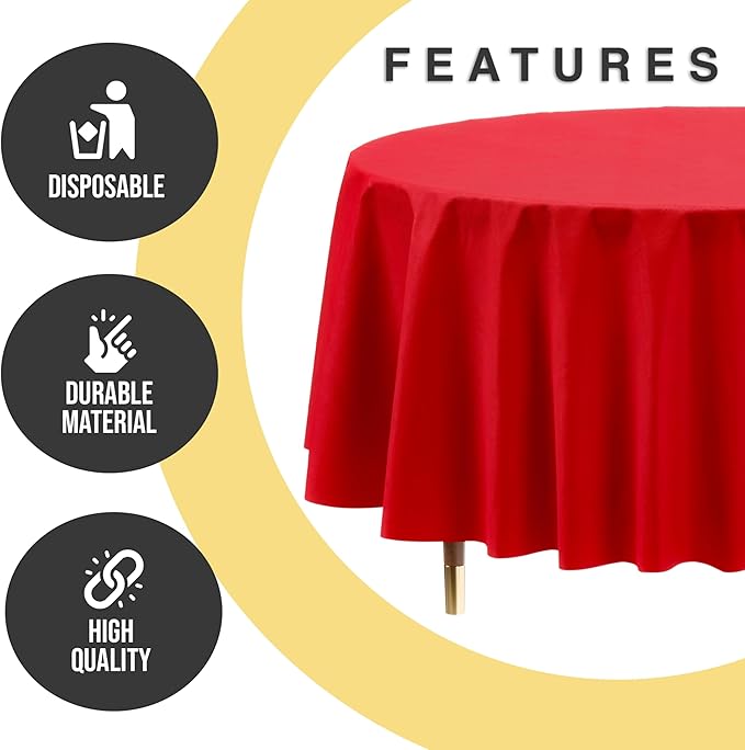 Exquisite 66% Thicker Premium Red Round Tablecloth 0.5 Mil 12 Pack Plastic Table Cloth Disposable 84 Inch Round Plastic Tablecloth Won't Tear Easily Like Cheap Thin Brands