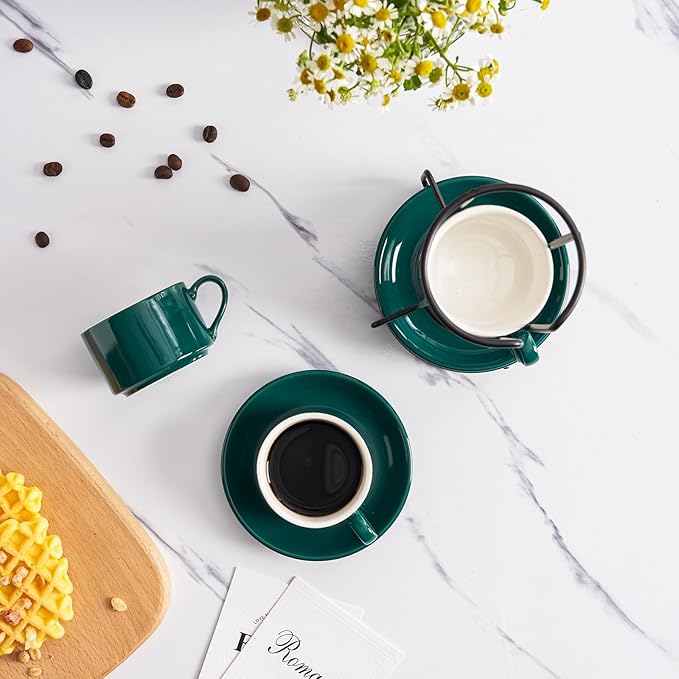 2.5oz Espresso Cups Set of 4, Porcelain Stackable Espresso Cups with Saucers and Metal Stand Set, Green Expresso Shots Cup Set for Cappuccino, Coffee Drinks, Latte, Tea