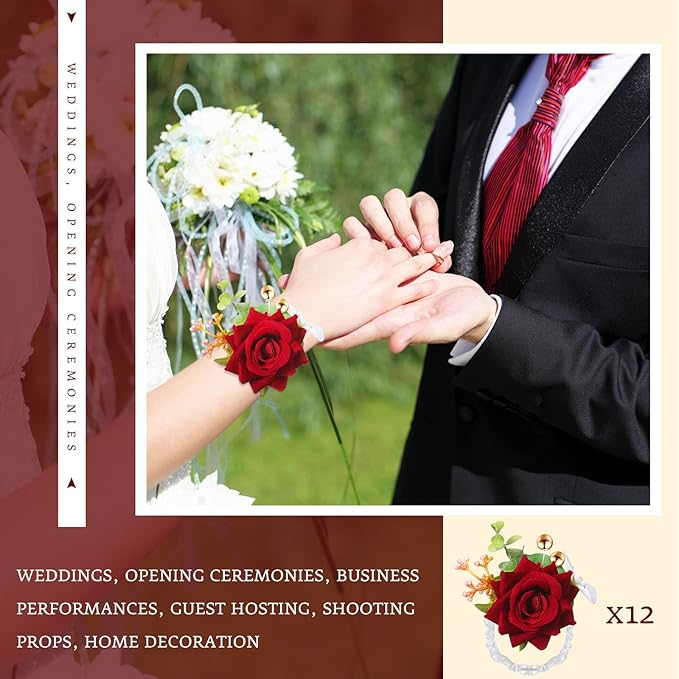 Sherr Set of 12 Rose Wrist Corsages for Wedding Corsage Flower Wristlet Floral Wedding Wrist Bridal Rose Leaf Hand Flowers for Bride Bridesmaid Prom Engagement Festival(Wine Red)