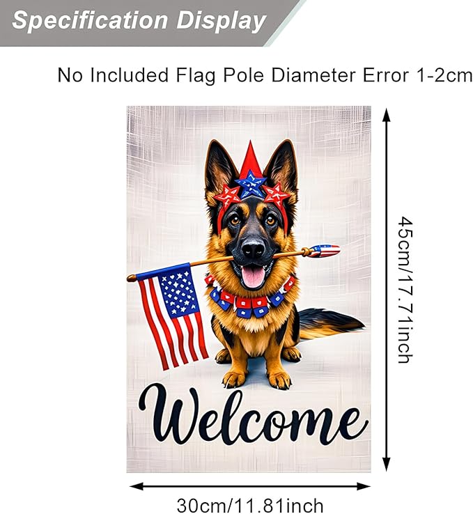 BlissYard Patriotic Welcome German Shepherd Dog Garden Flag 12x18 Inch Double Sided 4th of July American USA Yard Flag Memorial Day Independence Day Farmhouse Outside Decorations