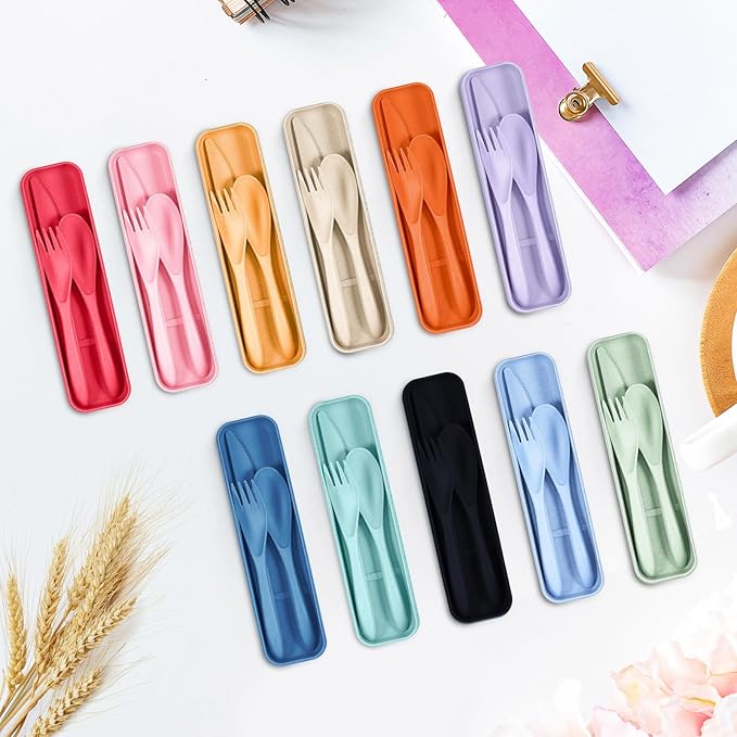 Yahenda 55 Set Reusable Travel Utensils Set with Case Wheat Straw Cutlery Portable Spoon Knife Fork Plastic Tableware Lunch Box Accessories Bulk for Adult Travel Picnic Camping Utensil(Colorful Color)