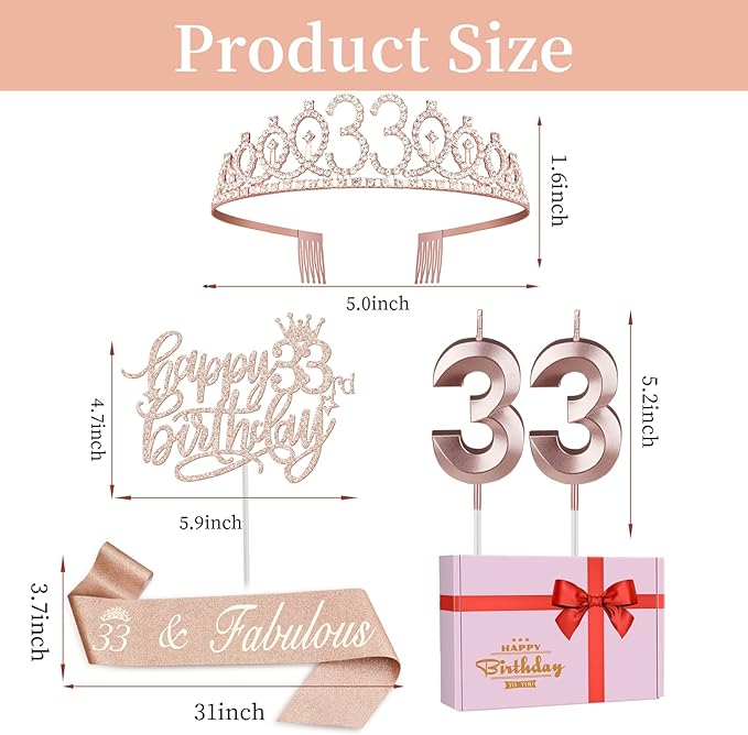 33 Birthday Decorations for Women Including Birthday Sash, Tiara/Crown, Numeral Candles and Cake Topper, 33 Year Old Gifts for Women, Rose Gold Party Decor Supplies