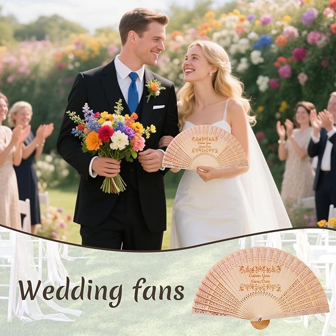 Personalized Wedding Fans for Guests Custom Wooden Folding Handheld Fans Bulk with Organza Bags Tassels for Wedding Graduation Party (100)