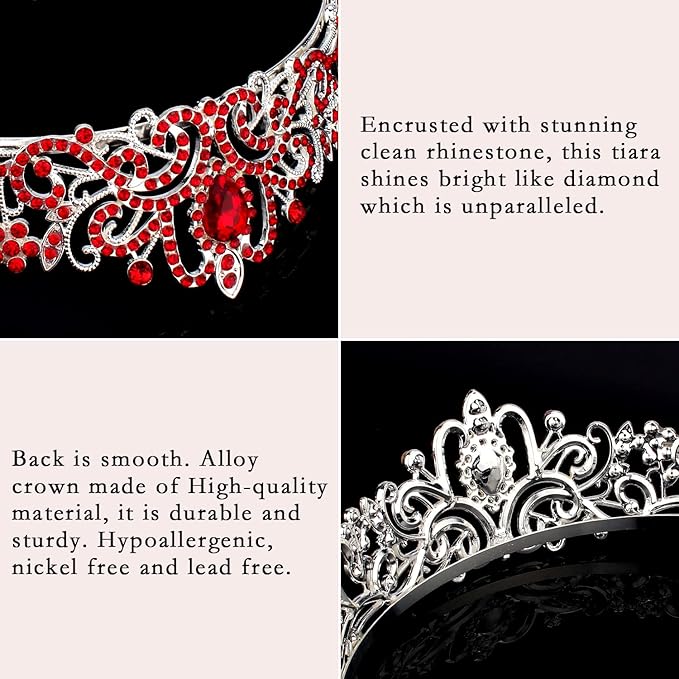 Didder Red Rhinestones Tiara Elegant Princess Crown with Combs Silver Tiaras for Women Girls Bridal Tiaras and Crowns for Women Wedding Prom Birthday Halloween Hair Accessories for Women Girls