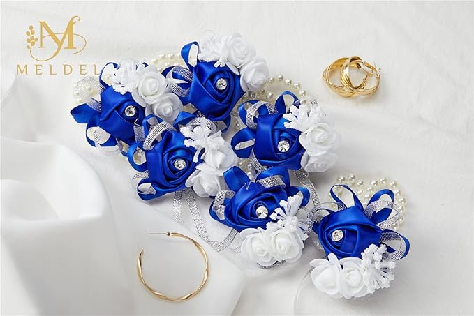 Meldel Rose Royal Blue Wrist Corsages for Prom, Set of 2, Wrist Corsages for Wedding Bridal Bridesmaid Girl Mother Women, Hand Flower for Wedding Formal Dinner Party Homecoming Ceremony Anniversary