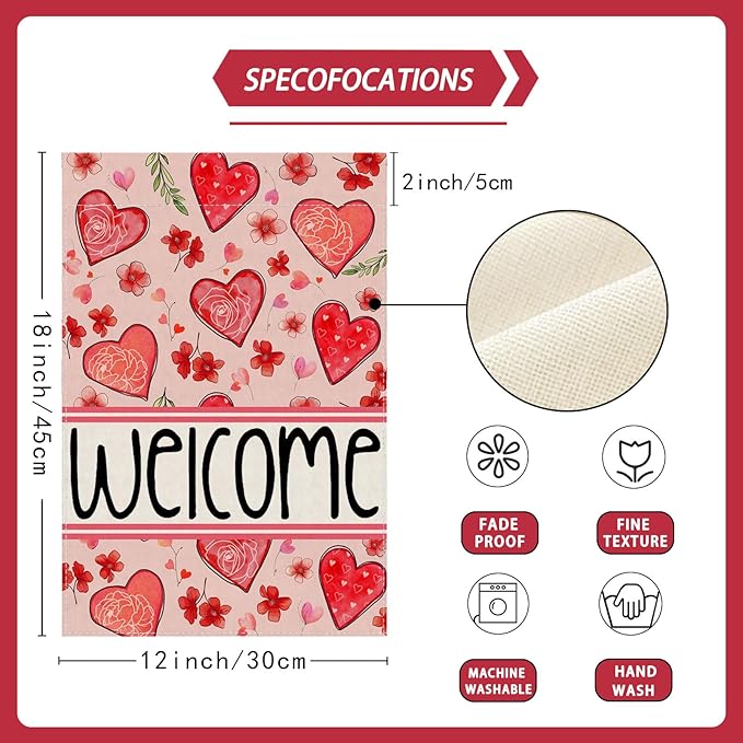 ZAEW Welcome Valentine’s Day Garden Flag Love Heart Floral Yard Flag 12x18 Inch Double Sided Small Mini Yard Outdoor Outside Holiday Decoration