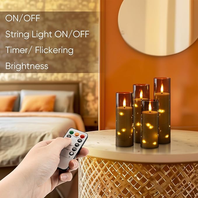Homemory 12Pcs Flameless Candles with Star String Fairy Lights, Flickering Battery Operated Candles, LED Fake Candles with Remote and Timer, Halloween, Weddings, Home Decor, Grey