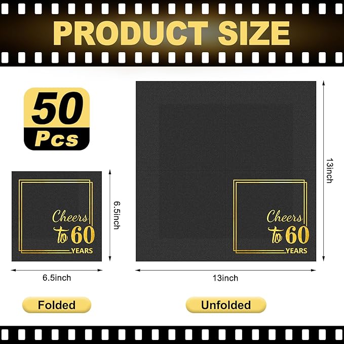 60th Birthday Cocktail Party Napkins-50PCS 13 * 13 inches Cheers to Years Disposable Paper Napkins for Birthday Wedding Anniversary Decorations Party Props Supplies Black and Gold (60th Napkins)