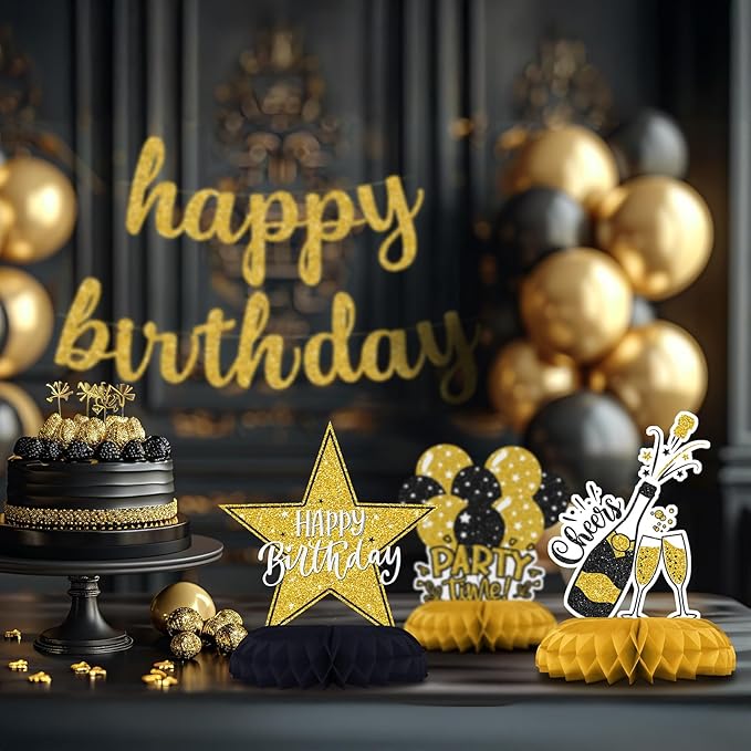 Black and Gold Birthday Decorations – 12Pcs Honeycomb Table Centerpieces, Elegant Party Table Toppers for Women, Classy Black Gold Birthday Party Supplies