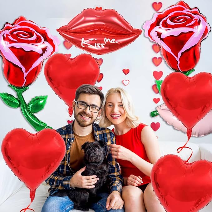 Red Heart Kiss Balloons Rose Balloon Wedding Valentine Balloons for Valentines Day Party Decor Anniversary Wedding Bachelorette Party Decorations Supplies Balloon Set-10 Pcs