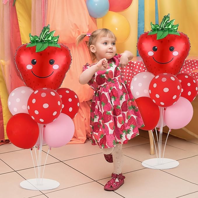 Strawberry Party Balloons Stand Kit 2 Sets with 2 Strawberries Foil Balloons Sweet Strawberry 1st Party Balloon Centerpieces for Tables for Girls Strawberries Birthday Themed Decorations