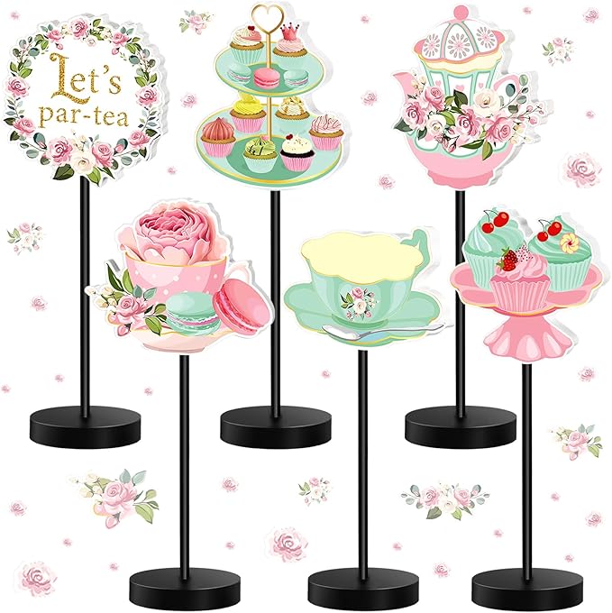6 Pcs Tea Party Table Decor Tea Party Decoration for Table Centerpieces Let's Par-Tea Wooden Standing Signs Tabletop Decor for Home Office Room Desk Party Supplies