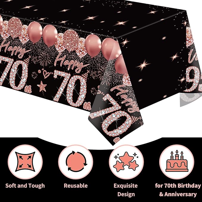 2pcs 70th Birthday Tablecloth, Black Rose Gold 70th Birthday Decorations for Woman Vintage 1956 Table Cloth Plastic Rectangular Table Cover Happy 70 Anniversary Party Supplies