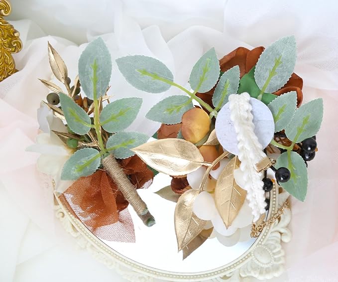 2Pcs Wedding Corsage and Boutonniere Set Orange Rose Corsage Wristlet and Boutonniere for Men Women Groom Bride Bridesmaid Groomsmen Wedding Party Accessory Prom Decoration (Orange)