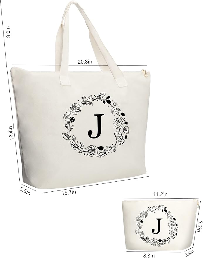 Personalized Initial Canvas Tote Bag with Zipper, Present Bag with Inner Pocket & Make Up Bag, Great Gifts for Women, Mom, Teachers, Friends, Bridesmaids