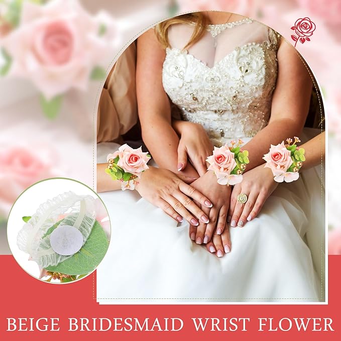 Sherr Set of 12 Rose Wrist Corsages for Wedding Corsage Flower Wristlet Floral Wedding Wrist Bridal Rose Leaf Hand Flowers for Bride Bridesmaid Prom Engagement Festival(Pink)
