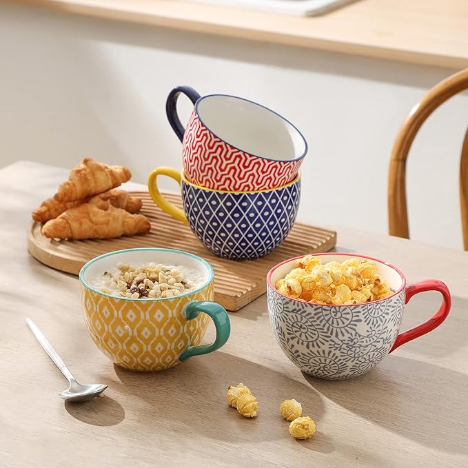 Selamica Coffee Mugs Set of 4, 24 OZ Jumbo Soup Mugs with Handles, Ceramic Coffee Cups for Cereal Latte Tea Milk Cappuccino, Dishwasher & Microwave Safe, Assorted Colors
