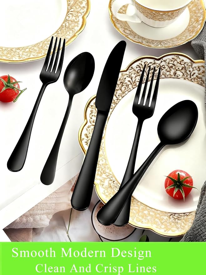 Black Spoons,Set of 16 Top Food Grade Stainless Steel Spoons Silverware, 6.7 Inches, Mirror Finish & Dishwasher Safe, New Apartment Essentials Flatware